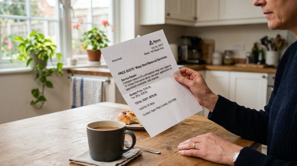 Close-up of a homeowners hand holding a price quote documen
