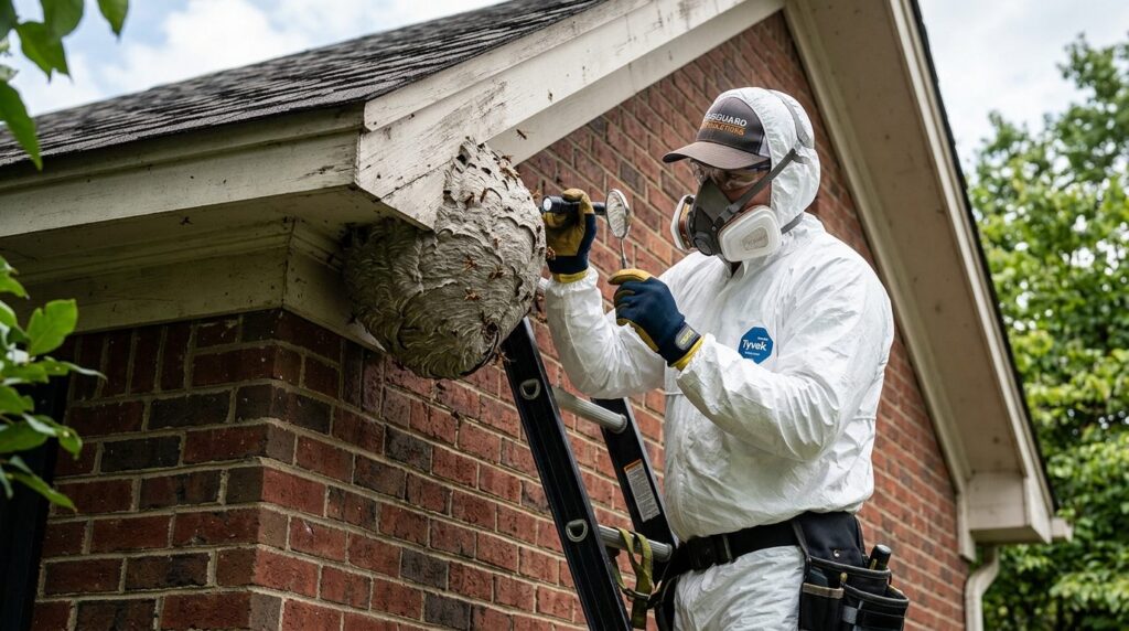 Professional pest control worker in protective gear and resp